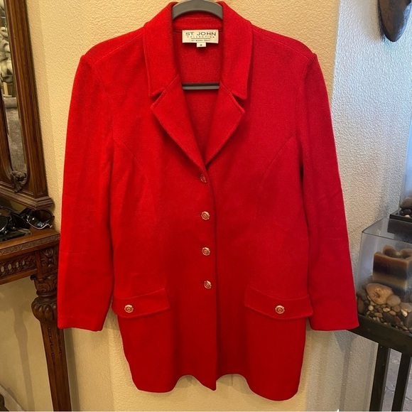 Vintage ST. JOHN Women Red Knit Buttoned Jacket Size 8-Made in USA-Has Flaws - Picture 1 of 12